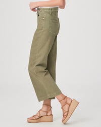 Slightly faded khaki cropped straight leg jeans with classic five pocket design