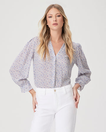 Ditsy print button through blouse in blue and cream with a touch of red and pink