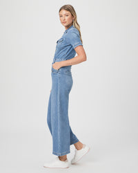 Wide crop leg denim jumpsuit with short sleeves