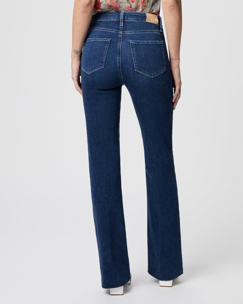 Straight cut blue denim jeans with 32 " leg and raw hem