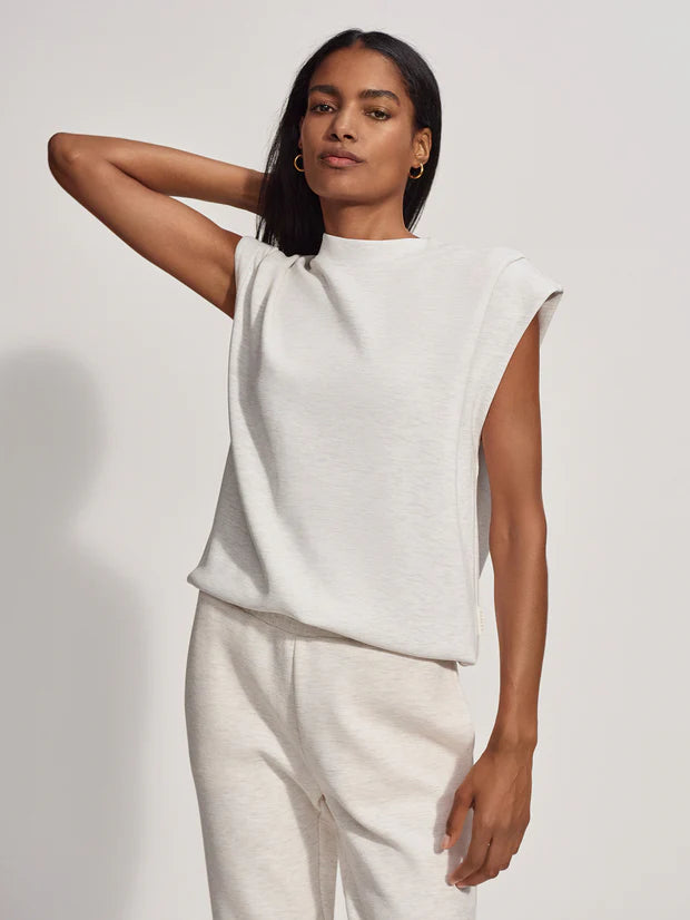 Sleeveless white sweatshirt with drawcord hem
