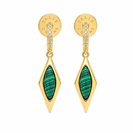 A pair of gold dangle earrings with green malachite inlays and small clear stones, shown on a plain white background.