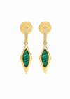 A pair of gold dangle earrings with green malachite inlays and small clear stones, shown on a plain white background.