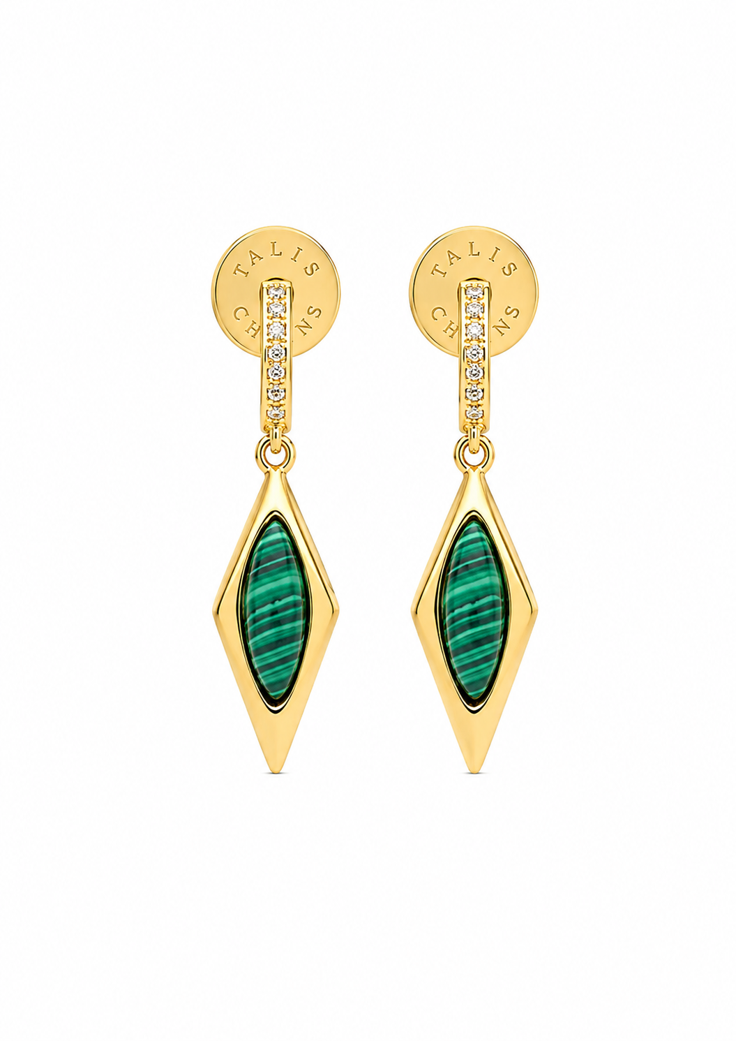 A pair of gold dangle earrings with green malachite inlays and small clear stones, shown on a plain white background.