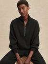 Quarter zip and slightly cropped black sweat top with shawl collar and V neckline from varley model shot