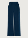 A pair of high-waisted, wide-leg trousers in a deep navy blue, shown flat against a light gray background.