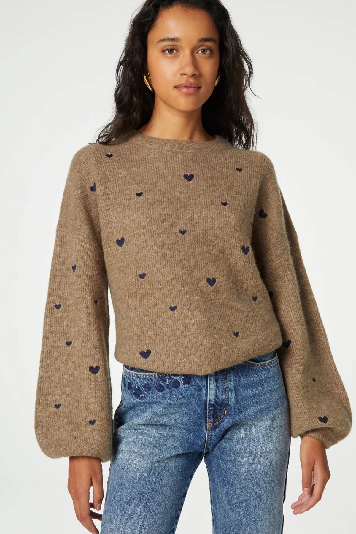 Brown jumper with purple embroidered hearts throughout
