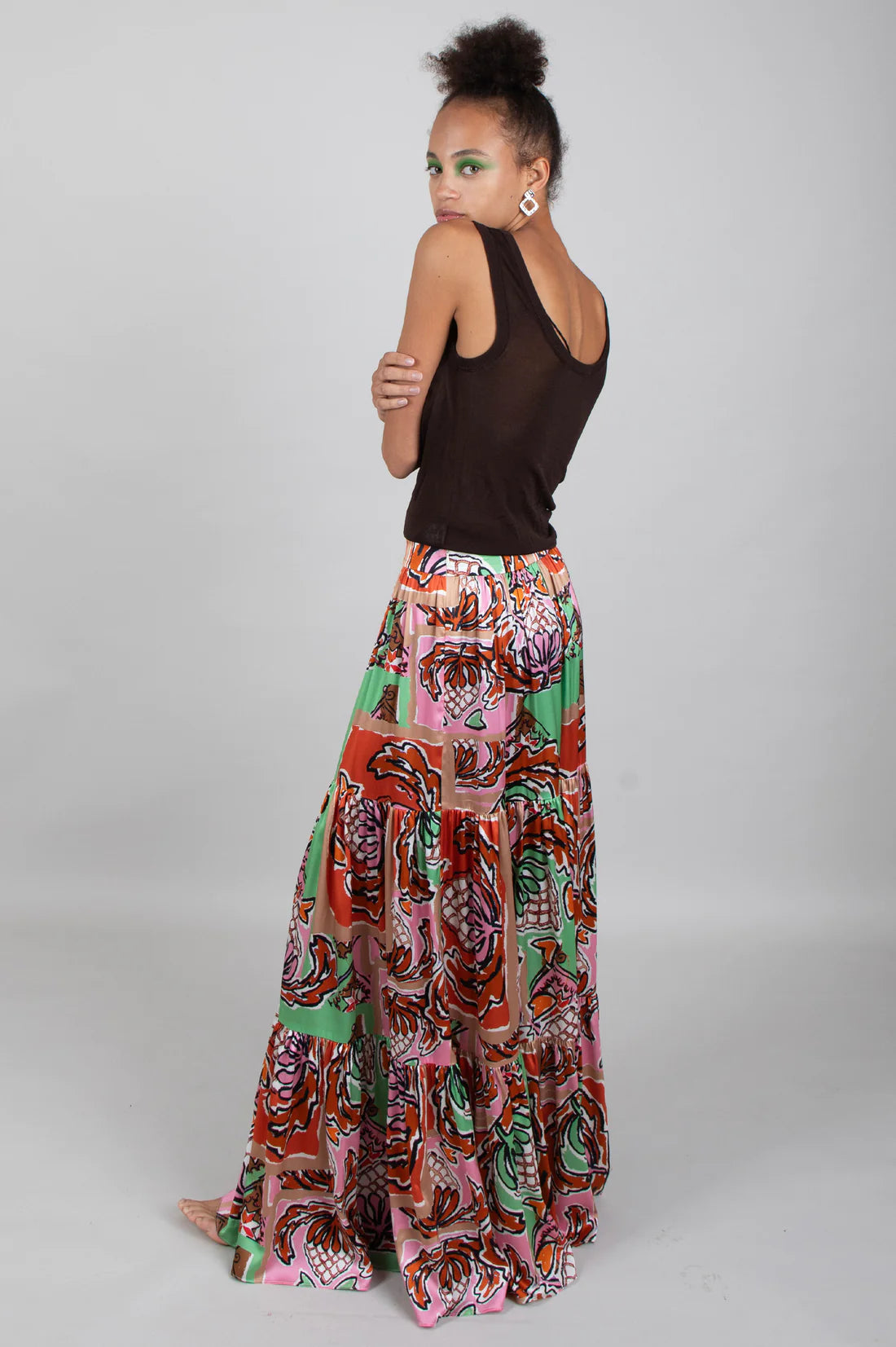 Tiered maxi skirt in green, brown and pink with abstract strawberry design