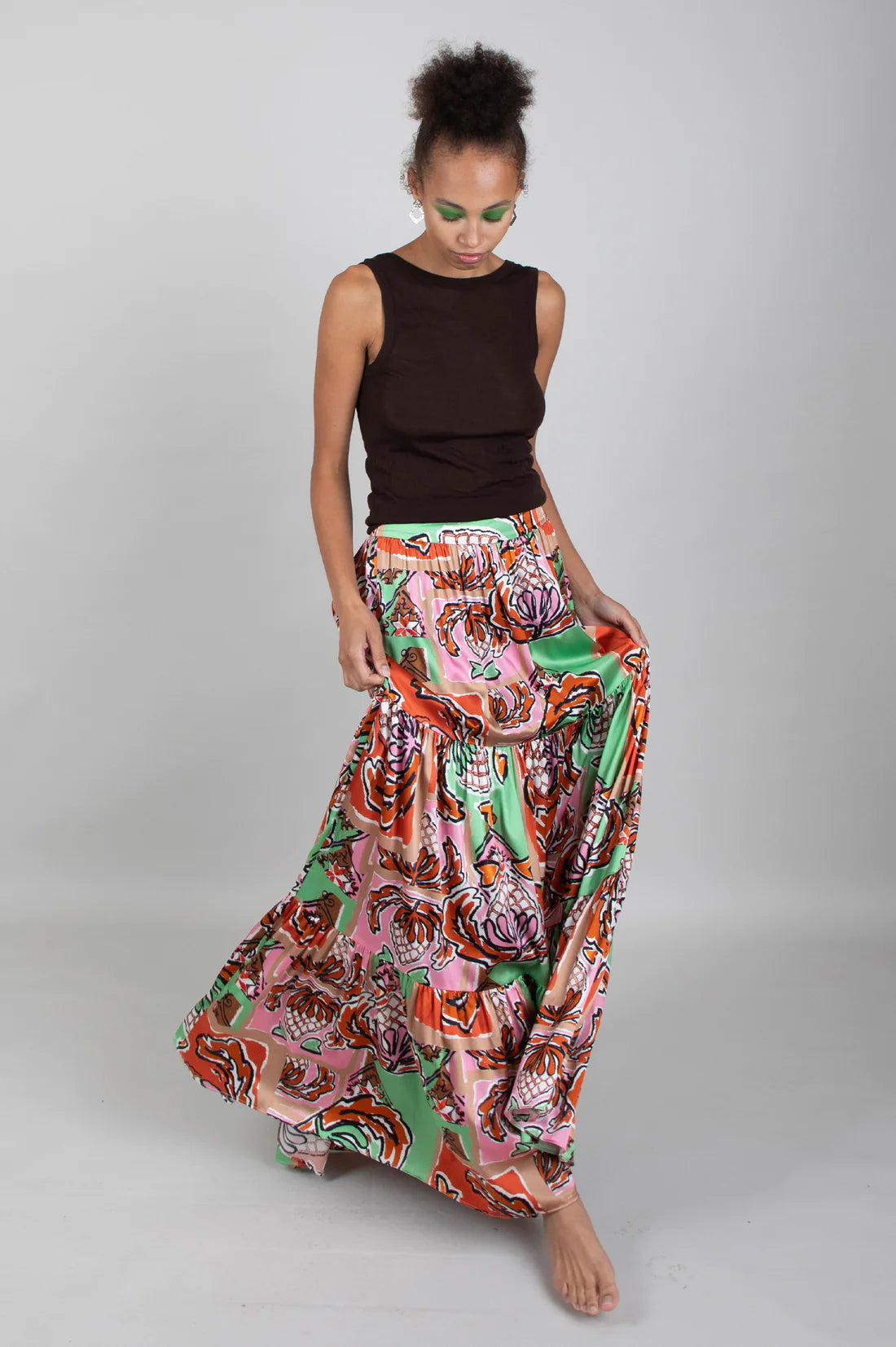 Tiered maxi skirt in green, brown and pink with abstract strawberry design