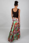 Tiered maxi skirt in green, brown and pink with abstract strawberry design