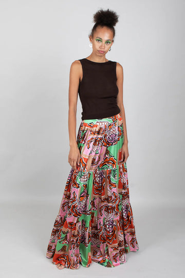 Tiered maxi skirt in green, brown and pink with abstract strawberry design