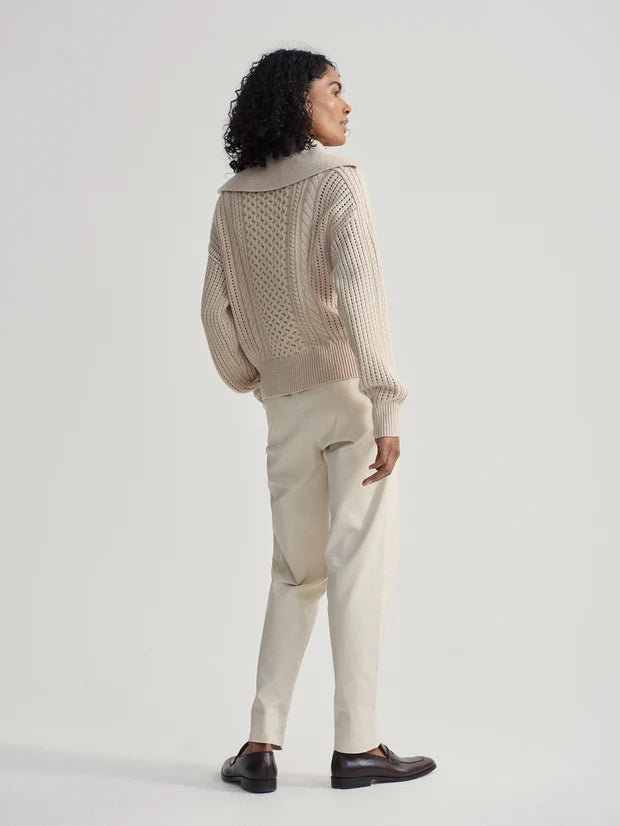 beige cable knit sweater with oversized collar and quarter zip rear view