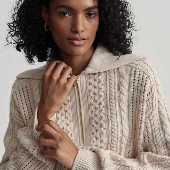 beige cable knit sweater with oversized collar and quarter zip close up