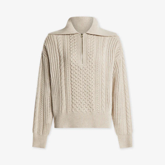 beige cable knit sweater with oversized collar and quarter zip