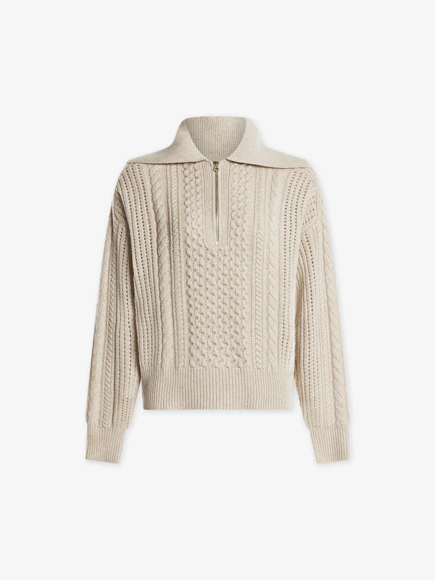 beige cable knit sweater with oversized collar and quarter zip