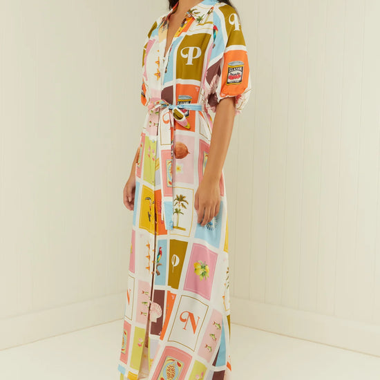 short sleeve collar silk shirt dress with summery print side view 