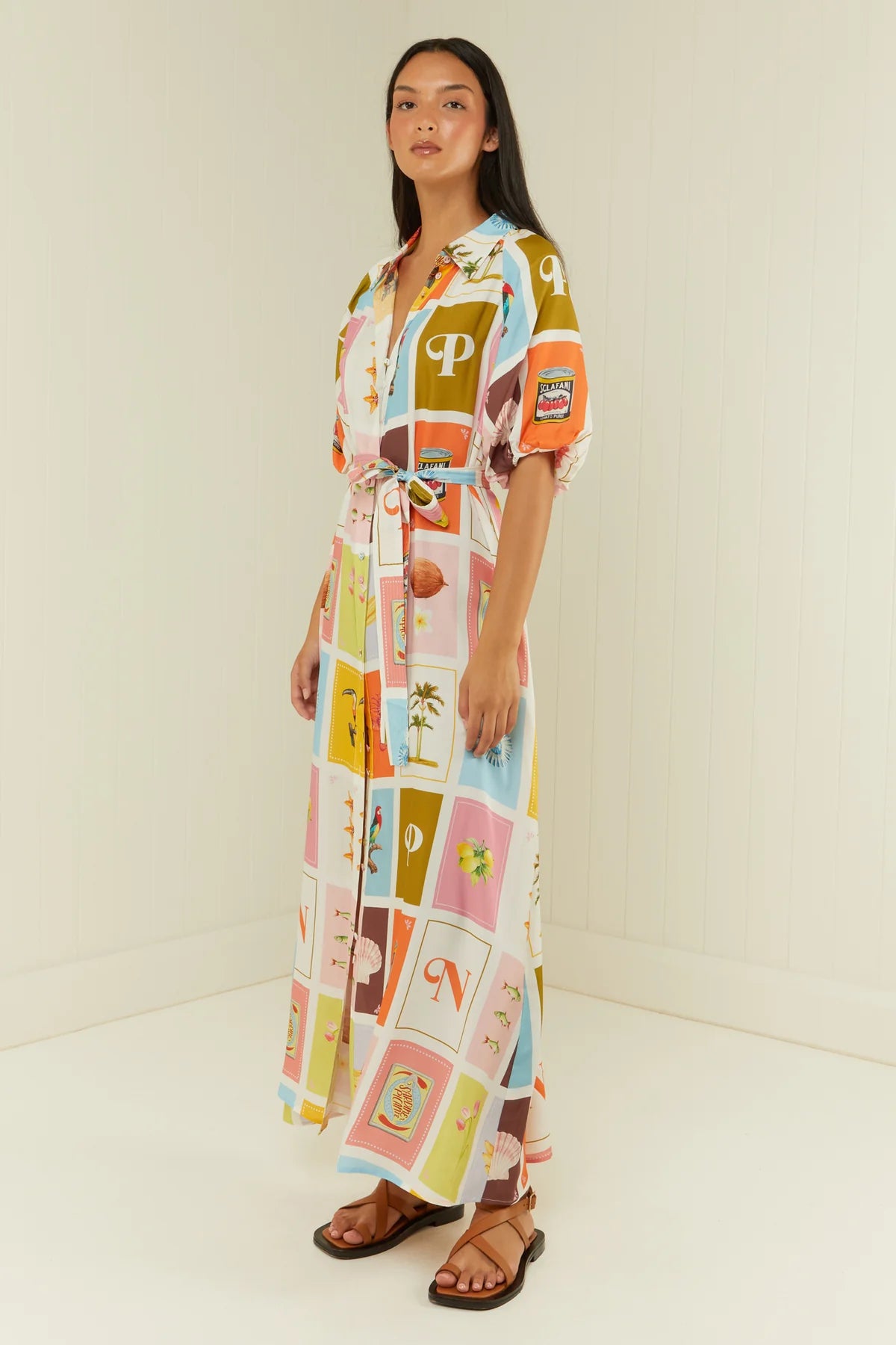 short sleeve collar silk shirt dress with summery print side view 