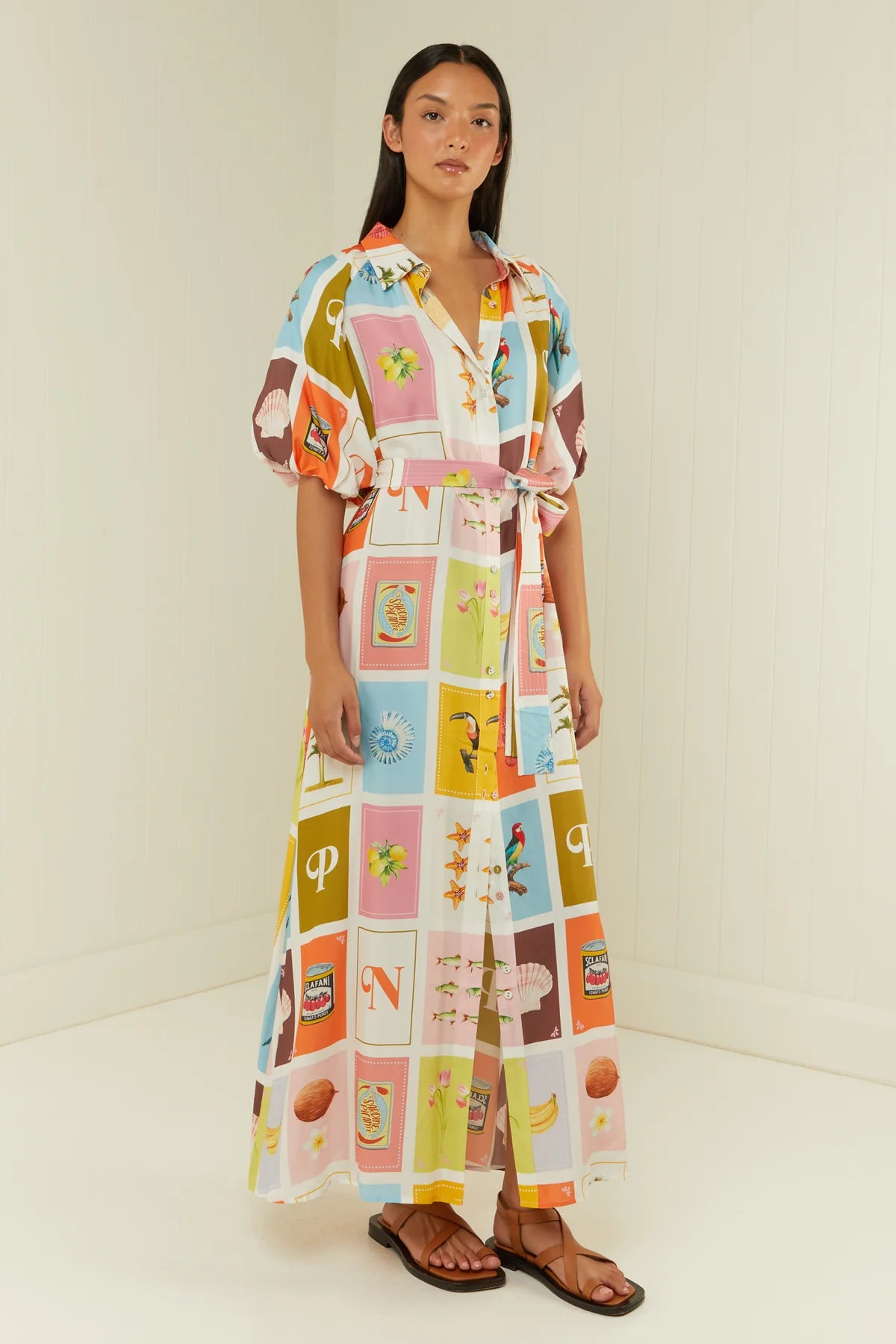 short sleeve collar silk shirt dress with summery print