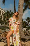 short sleeve collar silk shirt dress with summery print model shot