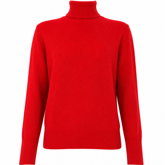A bright red knit turtleneck sweater with long sleeves and ribbed trim, shown on a plain white background.