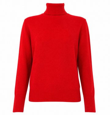 A bright red knit turtleneck sweater with long sleeves and ribbed trim, shown on a plain white background.