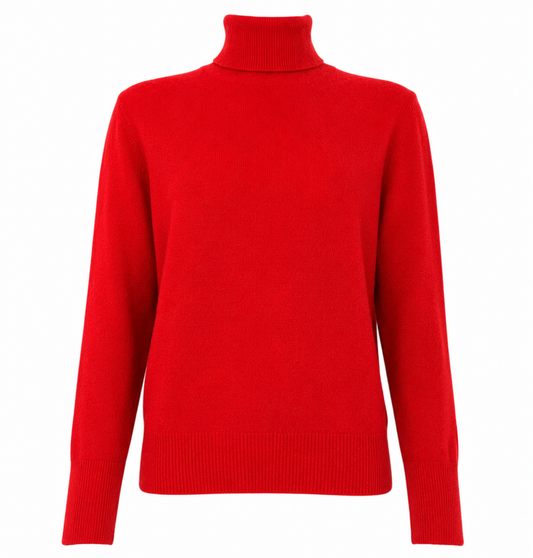 A bright red knit turtleneck sweater with long sleeves and ribbed trim, shown on a plain white background.