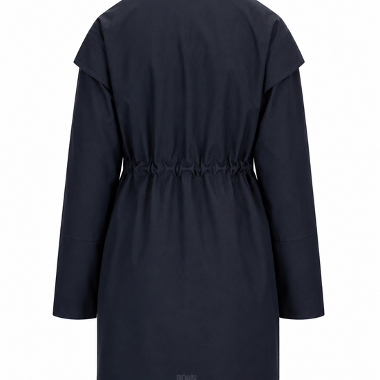 A dark navy blue coat shown from the back, featuring a high collar, wide shoulder panels, a drawstring waist, and a small rectangular patch near the bottom hem, set against a plain white background.