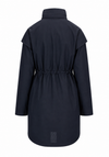 A dark navy blue coat shown from the back, featuring a high collar, wide shoulder panels, a drawstring waist, and a small rectangular patch near the bottom hem, set against a plain white background.