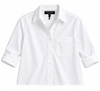 A white long-sleeve button-down shirt with a single chest pocket, laid flat against a white background. The brand label 'the & me' is visible inside the collar.