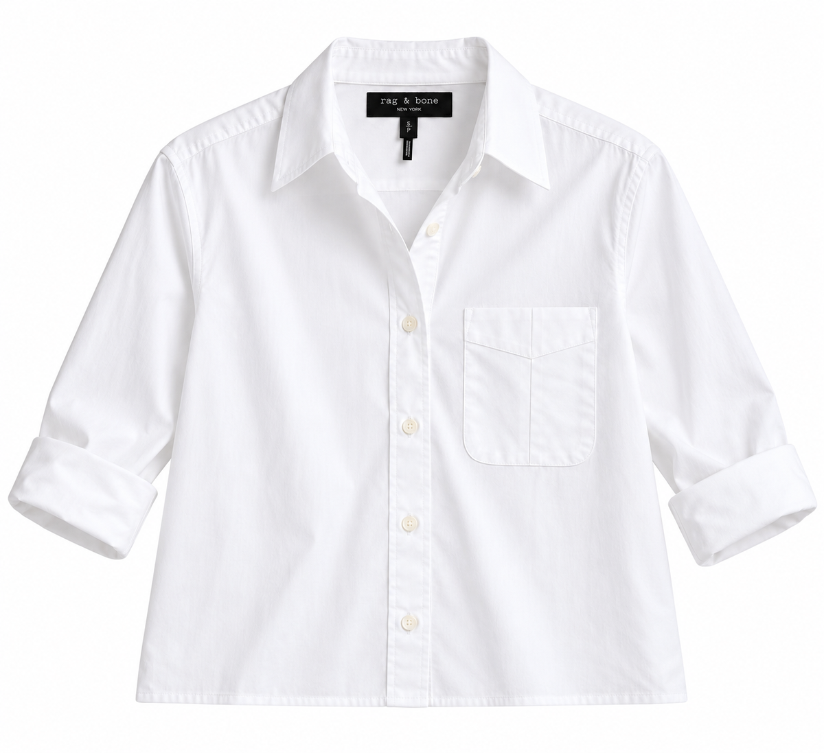 A white long-sleeve button-down shirt with a single chest pocket, laid flat against a white background. The brand label 'the & me' is visible inside the collar.