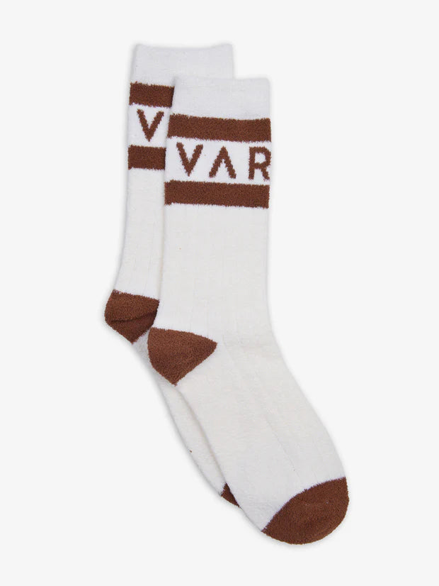 white socks with brown varley logo