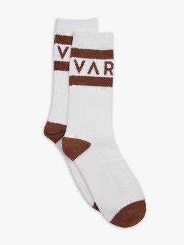 white socks with brown varley logo