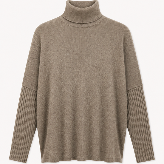 flat lay of a chestnut colour roll neck jumper on a white background 
