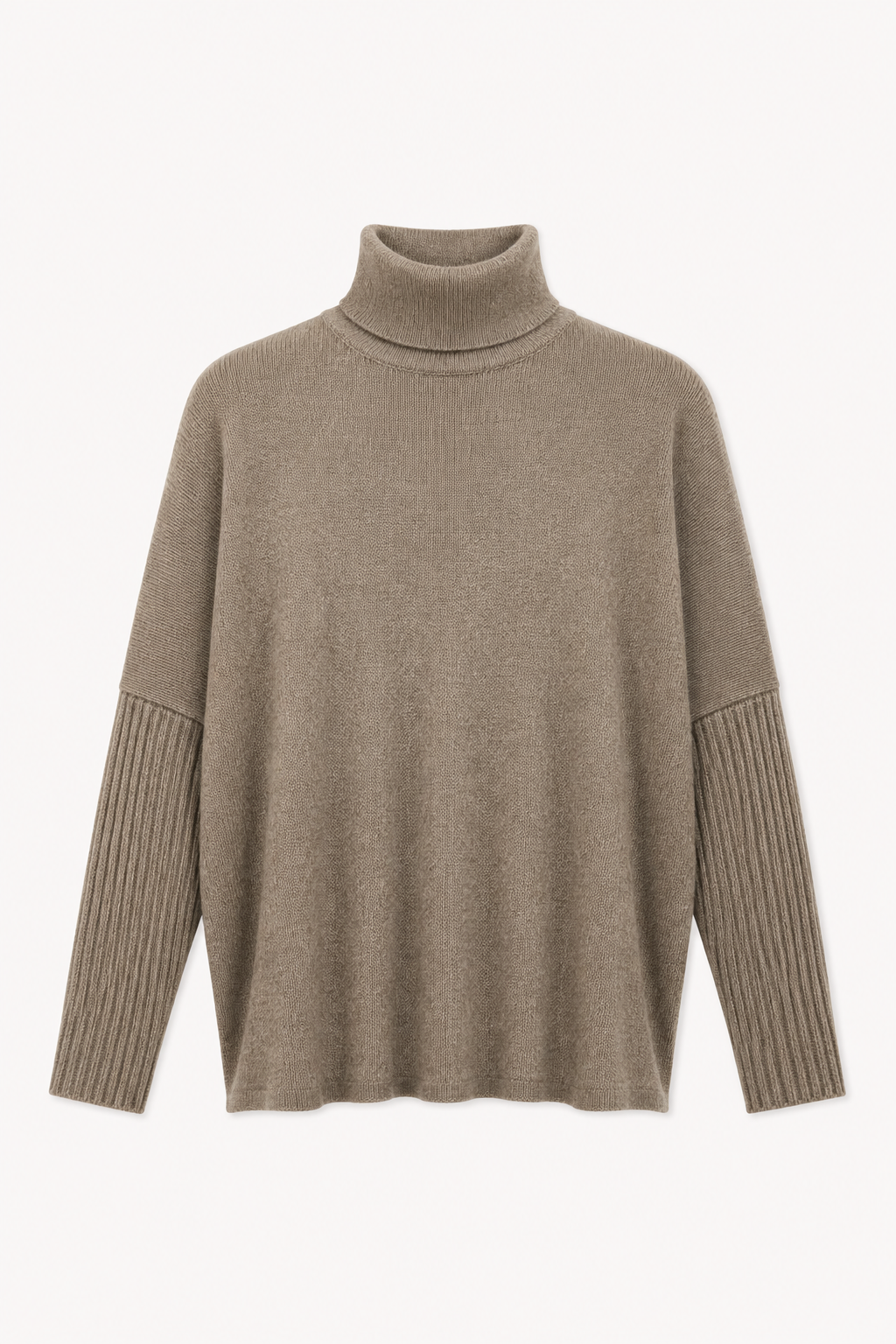 flat lay of a chestnut colour roll neck jumper on a white background 