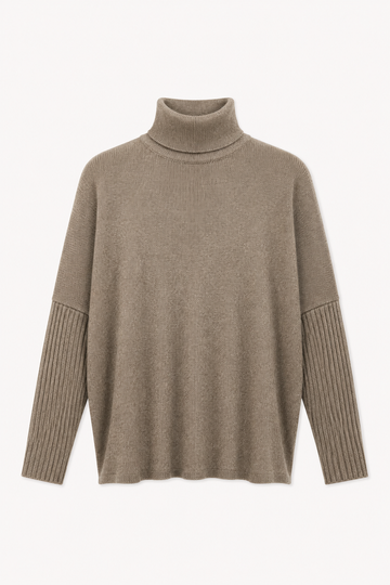 flat lay of a chestnut colour roll neck jumper on a white background 