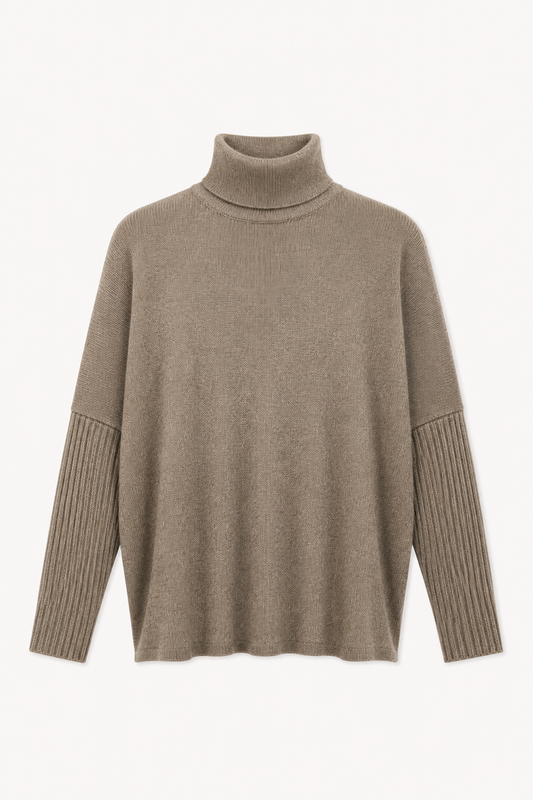 flat lay of a chestnut colour roll neck jumper on a white background 