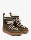 Pair of khaki boots with white laces on a white background