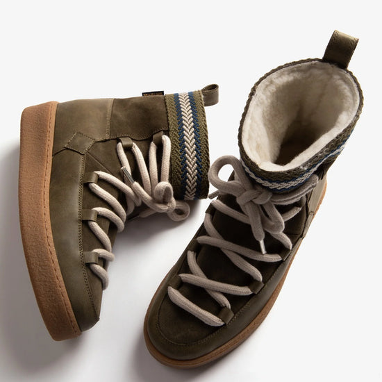 khaki green suede and leather boots with faux fur lining