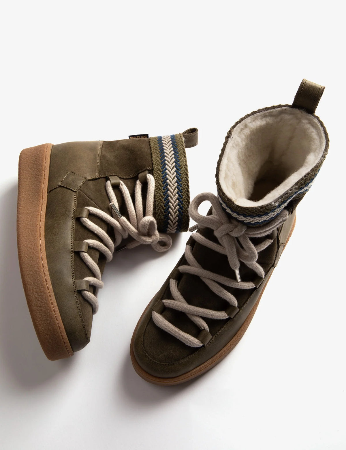 khaki green suede and leather boots with faux fur lining