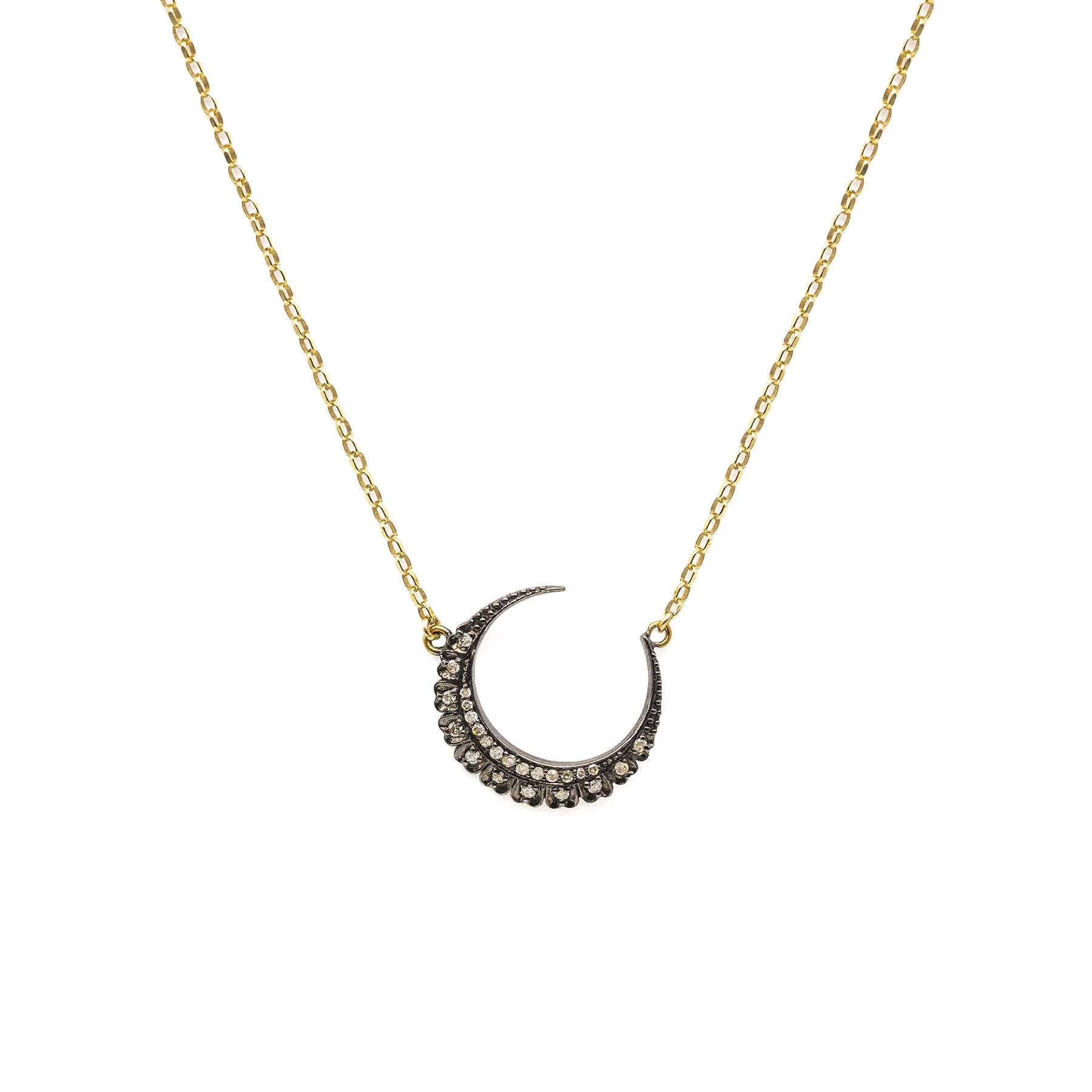 Pave diamond crescent necklace on a gold plated sterling silver chain