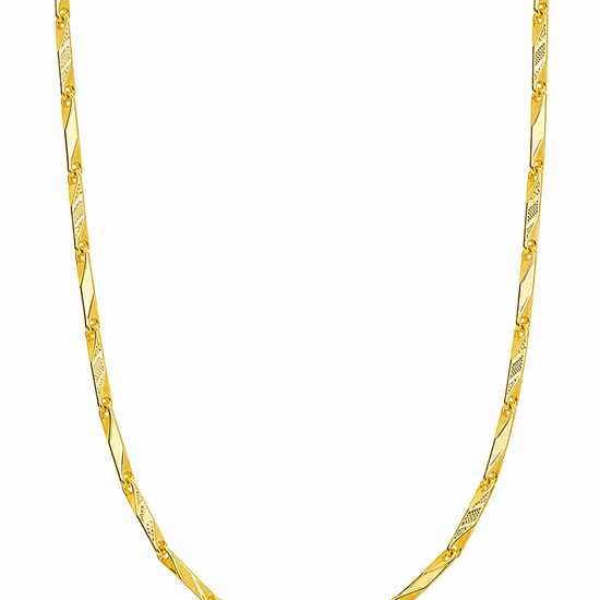 A twisted rope-style gold chain necklace displayed vertically against a solid white background.