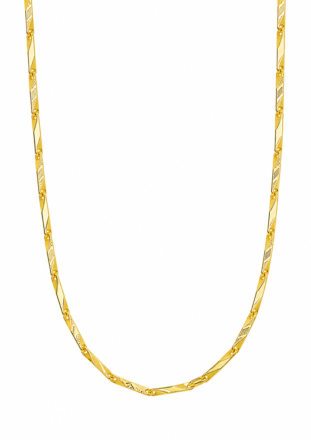 A twisted rope-style gold chain necklace displayed vertically against a solid white background.