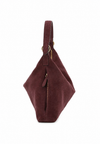 A dark brown suede hobo shoulder bag with a single leather strap and gold-tone hardware, shown against a plain white background.