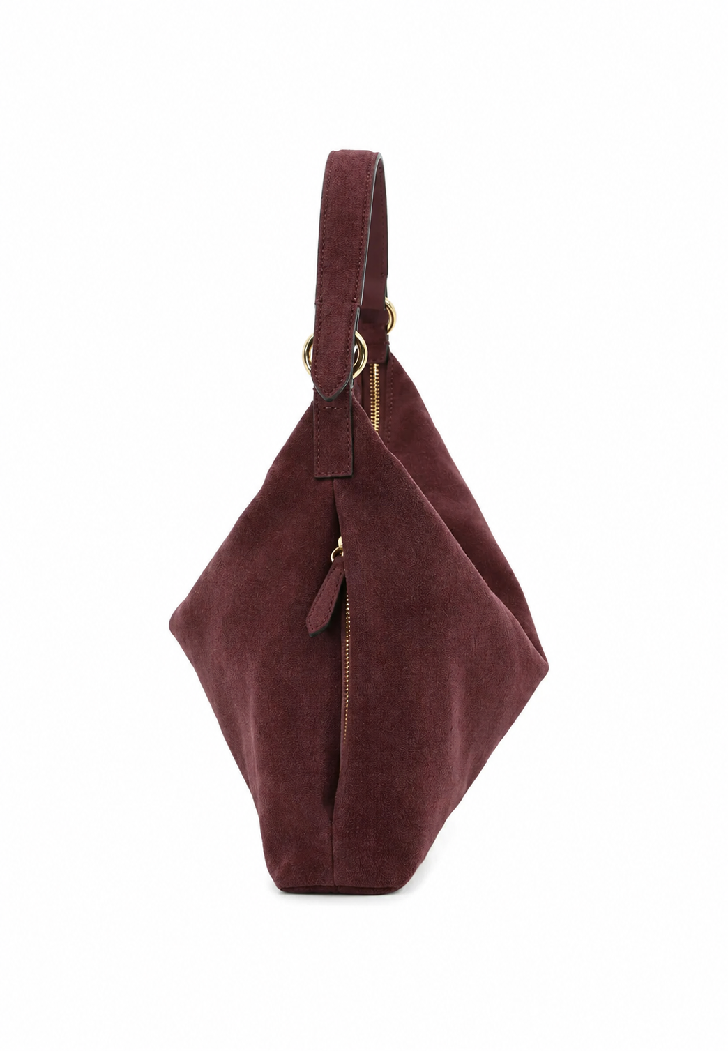 A dark brown suede hobo shoulder bag with a single leather strap and gold-tone hardware, shown against a plain white background.