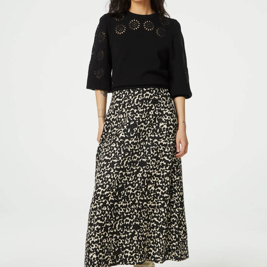 Black and ecru cat print A line maxi skirt with side full length button fastening