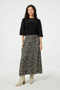 Black and ecru cat print A line maxi skirt with side full length button fastening