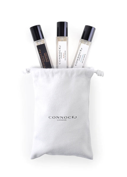 Trio of perfumes from connoch London in a white canvas presentation pouch