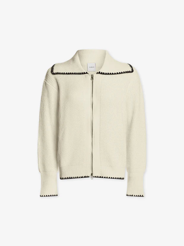 cream waffle stitch zip through  jacket with black edging