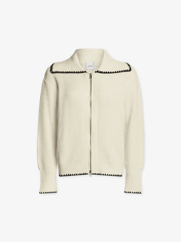 cream waffle stitch zip through  jacket with black edging