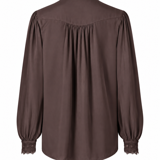 A dark brown long-sleeve blouse with lace trim at the mock neck, shoulders, cuffs, and hem, shown from the back on a white background.